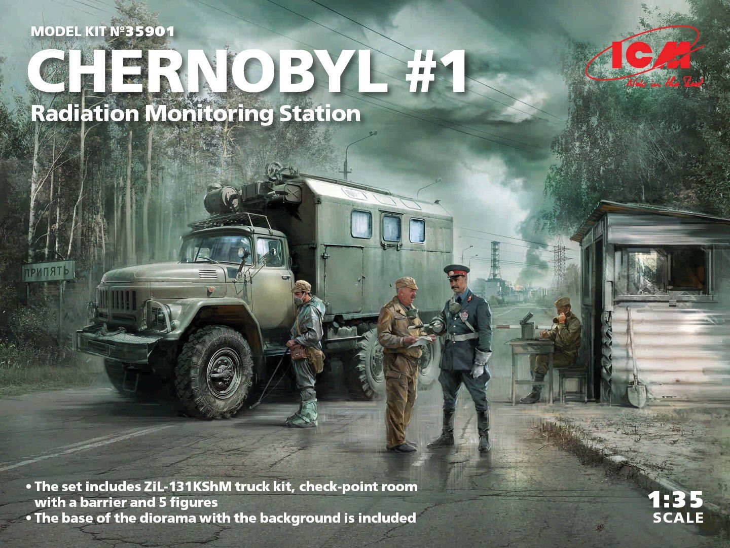 1/35  Chernobyl#1. Radiation Monitoring Station ZiL-131KShM truck & 5 figures & diorama base with background