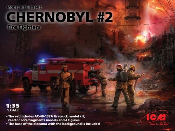 1/35 Chernobyl#2. Fire Fighters AC-40-137A firetruck & 4 figures & diorama base with background