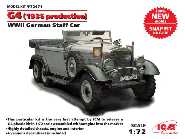 1/72 G4 (1935 production) WWII German Staff Car, snap fit/no glue