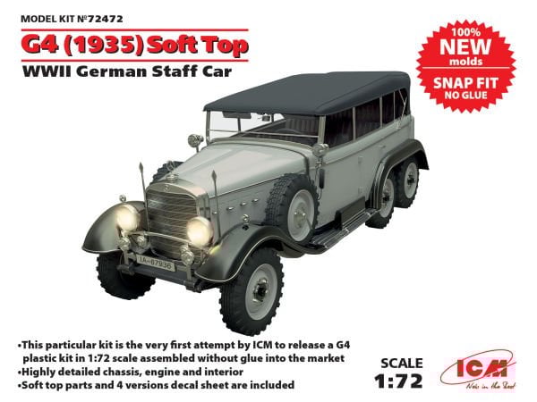 1/72 G4 (1935 production) Soft Top WWII German Staff Car, snap fit/no glue