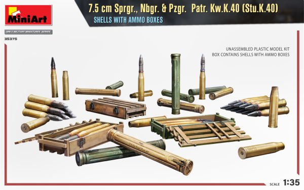 1/35 7.5CM SPRGR. NBGR.&PZGR PATR.K.W.K.40 (STU K.40) SHELLS WITH AMMO BOXES